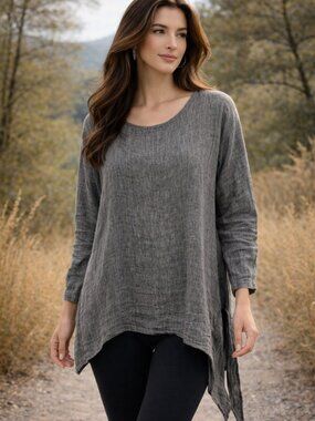 CTC Linens Gray Linen Blend Asymmetric Hem Tunic Top XL Made in‎ USA
